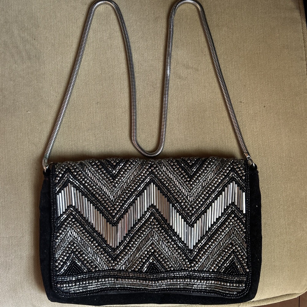 H&M Beaded Embellished Shoulder Bag Chain Strap Clutch Purse Black Silver hm